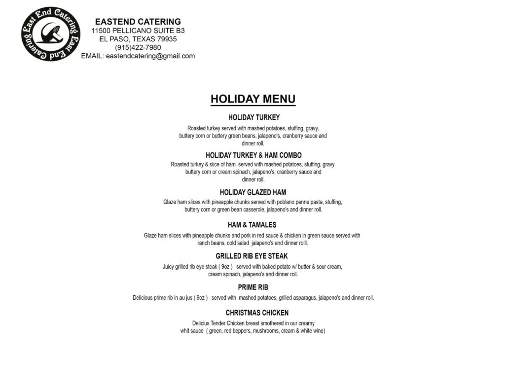 Holiday Menu EAST END CATERING